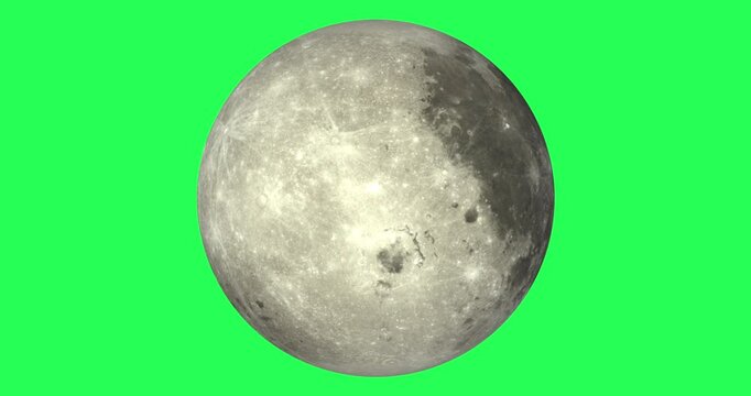Rotating Moon with detail surface, green screen, chromakey. Rotating planet. Pattern for astronomy, universe, space