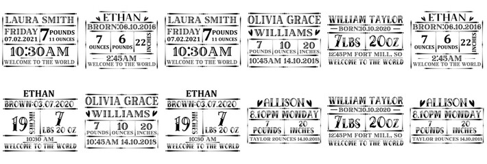 Vibrant Baby Birth Announcement Phrases, Trendy Retro Style Illustration Set Vector Illustration for Magazine, Vouchers, Stationery