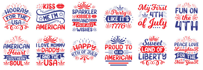 Vibrant 4Th Of July Invitation, Calligraphic Lettering Bundle Vector Illustration for Magazine, Sticker, Newsletter