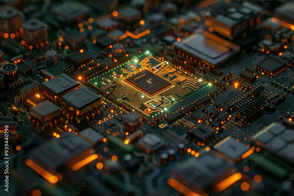 Poster modern cpu is processing data on a complex motherboard with glowing circuits