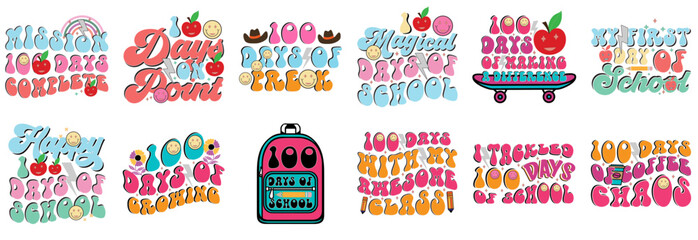 Fototapeta premium Minimalist 100 Days Of School Phrases, Typography Collection Vector Illustration for Printable, Announcement, Sticker