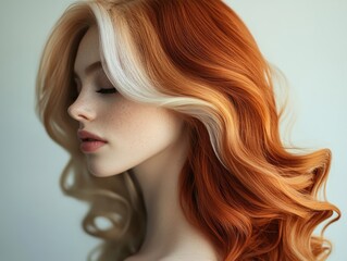 Naklejka premium Elegant Portrait of Young Woman with Red and Blonde Wavy Hair in Profile View