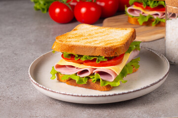 Close-up of two sandwiches with bacon, salami, prosciutto and fresh vegetables on rustic wooden cutting board. Club sandwich concept