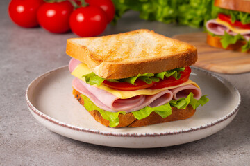 Close-up of two sandwiches with bacon, salami, prosciutto and fresh vegetables on rustic wooden cutting board. Club sandwich concept