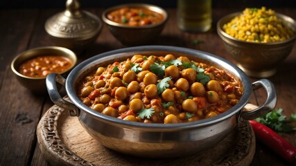 stock photography sizzling chana masala prepared aesthetically with a background of wooden table