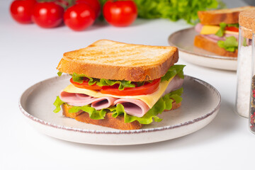 Close-up of two sandwiches with bacon, salami, prosciutto and fresh vegetables on rustic wooden cutting board. Club sandwich concept