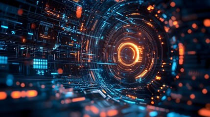 Obraz premium Futuristic Digital Enterprise Technology Hub with Swirling Vortex Tunnel