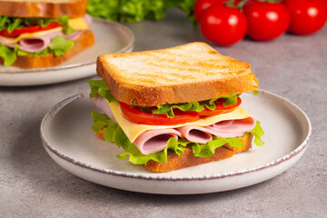 Close-up of two sandwiches with bacon, salami, prosciutto and fresh vegetables on rustic wooden cutting board. Club sandwich concept