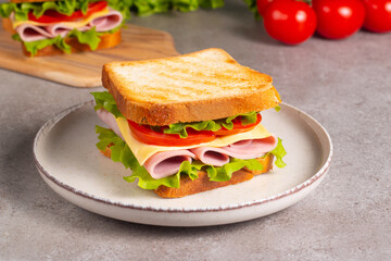 Close-up of two sandwiches with bacon, salami, prosciutto and fresh vegetables on rustic wooden cutting board. Club sandwich concept