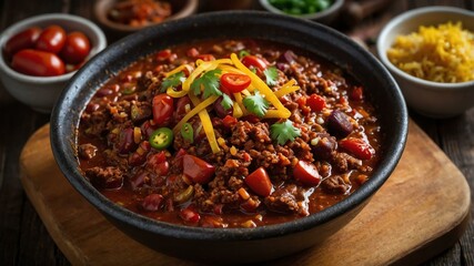 stock photography sizzling chili con carne prepared aesthetically with a background of wooden table