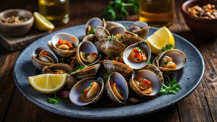 Fototapeta premium stock photography sizzling clams prepared aesthetically with a background of wooden table