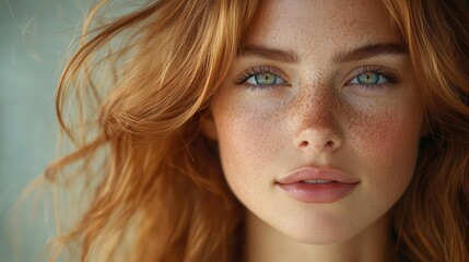 Fototapeta premium portrait of a woman with flowing chestnut hair soft lighting accentuating her features against a minimalist background