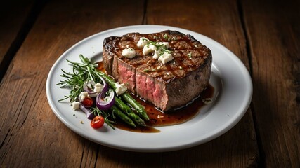 stock photography sizzling gorgonzola steak prepared aesthetically with a background of wooden table