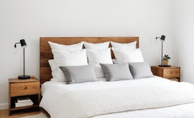 Minimalist Bedroom with White Bedding and Wooden Furniture Accents