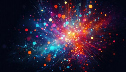 colorful bokeh, abstract lights, vibrant colors, dark background, sparkling dots, neon glow, futuristic, night sky, dynamic, particles in motion