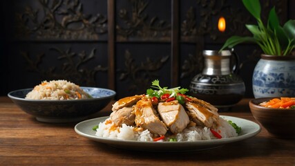 stock photography sizzling hainanese chicken rice prepared aesthetically with a background of wooden table