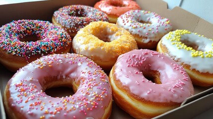 Assorted donuts in a box, with colorful icing and sprinkles, perfect for a sweet treat.