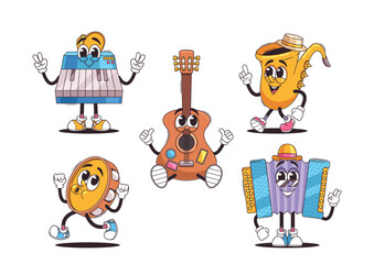 Cheerful Retro Musical Instruments Characters With Friendly Expressions And Gestures. Fun And Engaging Guitar, Saxophone