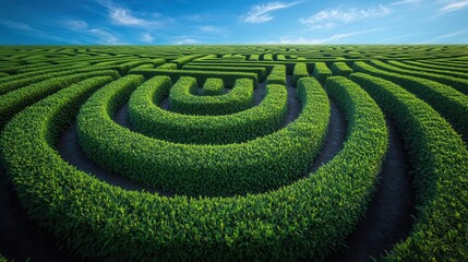 Naklejka premium pristine white hedgerow maze stretching into the distance perfectly manicured with sharp edges and geometric patterns blue sky and wispy clouds overhead