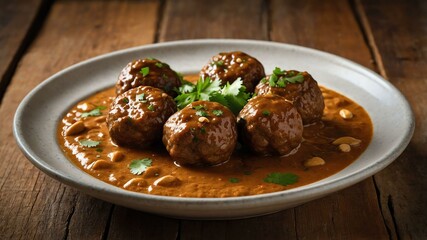 stock photography sizzling lamb kofta with peanut sauce prepar prepared aesthetically with a background of wooden table