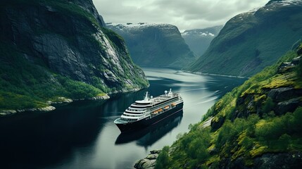 Cruise ship navigating through a narrow Norwegian fjord, towering rock walls