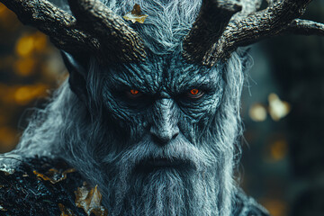 A horror and sci-fi concept image of a wendigo mythical creature, a deer-looking humanoid creature with horns, in a dark forest.