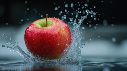 Close-up of an apple hitting the water surface, frozen in mid-air with droplets splashing.