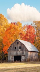 Obraz premium An old barn surrounded by colorful autumn trees