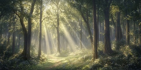 Obraz premium Sunbeams pierce through the dense canopy of a lush forest, illuminating a path leading deeper into the woods.