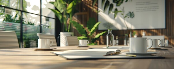 Modern meeting room with wooden table, white chairs, coffee cups, and lush green plants creating a refreshing workspace atmosphere.