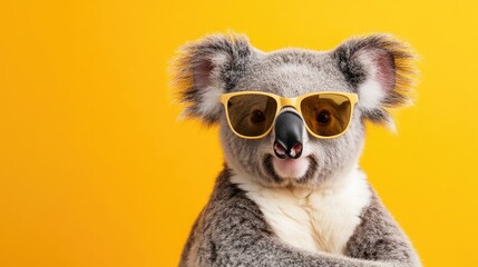 Cute koala bear with stylish sunglasses, set on a cheerful yellow backdrop, full of personality.