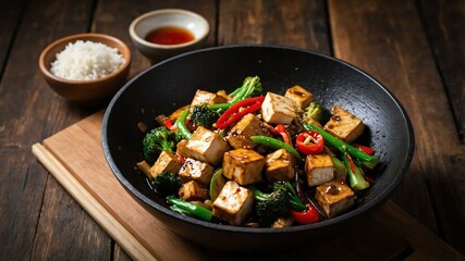 stock photography sizzling tofu stirfry prepared aesthetically with a background of wooden table
