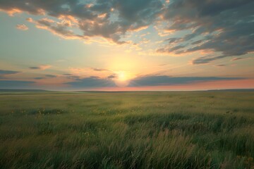 Serene sunset over a vast green field with colorful clouds in the sky.