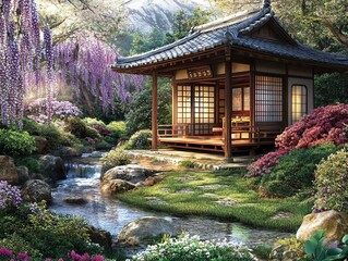 Fototapeta premium Serene garden scene featuring a traditional wooden pavilion surrounded by vibrant flowers and a peaceful stream.