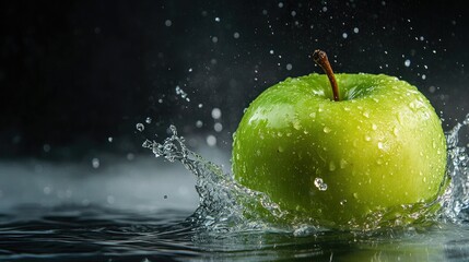 Fresh green apple submerged in water with a stunning splash effect, clear and crisp image.