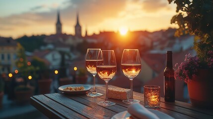 rooftop restaurant scene at golden hour people enjoying wine and cheese cityscape backdrop with warm sunset hues