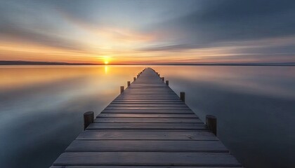 Fototapeta premium A wooden pier stretches out into a calm lake at sunrise, with the sun shining brightly in the sky.