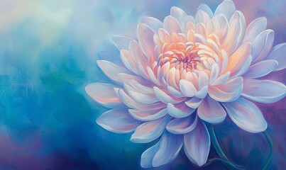 Fototapeta premium A single, white chrysanthemum with a delicate pastel pink center blooms against a soft blue and purple background.