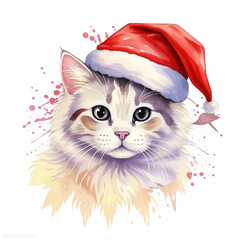 a cute fluffy cat and a red hat, preparations for the New Year and Christmas, winter holidays, happy December. a pet. watercolor illustration. artificial intelligence generator, AI, neural network ima