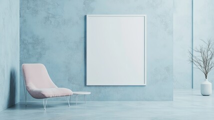 Pastel-colored wall, white empty frame, minimal furniture, clean and modern decor, spacious room