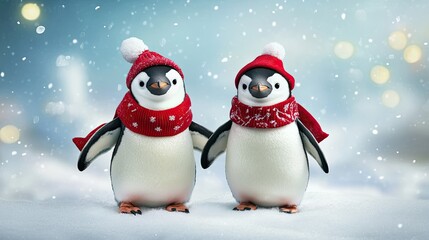 Fototapeta premium Playful emperor penguins in winter attire, posing together for a fun and lighthearted scene.