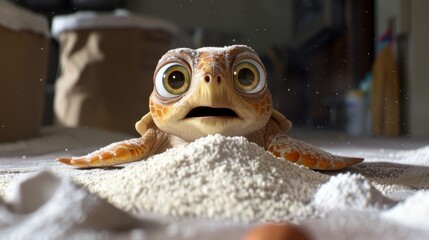 Animated turtle with expressive eyes and a surprised expression, surrounded by a snowy environment with snowflakes falling around it