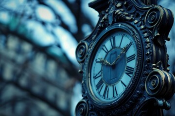 Fototapeta premium Ornate antique clock with roman numerals is ticking away on a city street