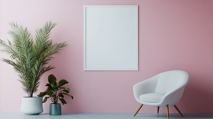Soft pastel blank wall with white frame, stylish modern furniture, minimal decor, calm ambiance