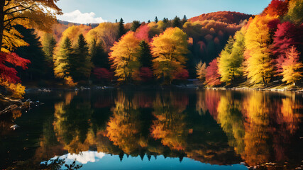 Fototapeta premium A serene lake reflecting the colorful autumn foliage surrounding it.