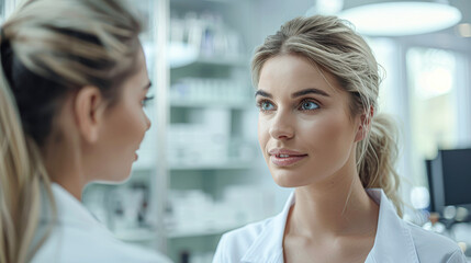 Portrait of Woman in Rejuvenation Consultation with Doctor in Bright Medical Office Setting