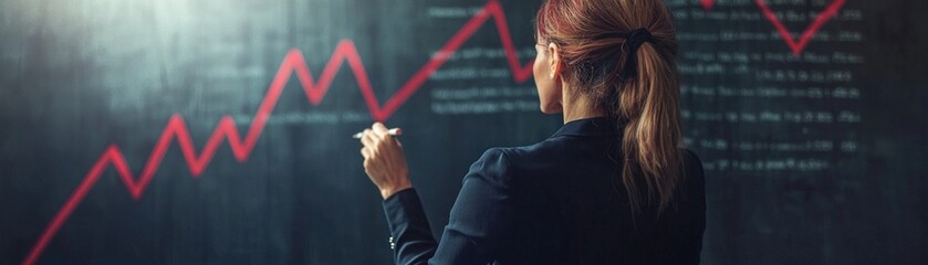 A woman is writing on a blackboard with a red line. The woman is wearing a black suit and has red hair