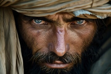 Portrait of a middle aged afghan man with striking blue eyes and a weathered face, wearing a traditional turban