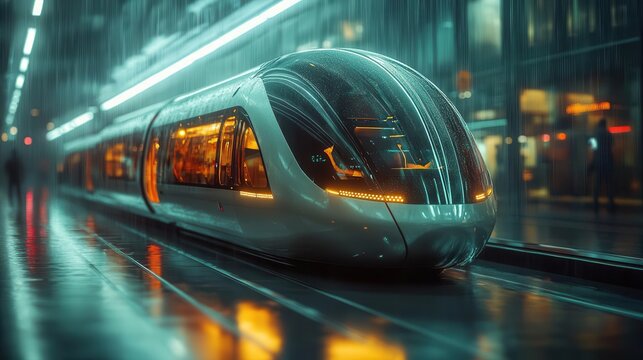 sleek futuristic green transport pod zooming through neonlit cityscape zeroemission design smooth aerodynamic curves