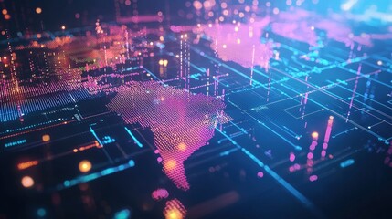 A colorful, pixelated map of the world with a blue and pink background. The map is filled with dots and lines, giving it a futuristic and abstract appearance